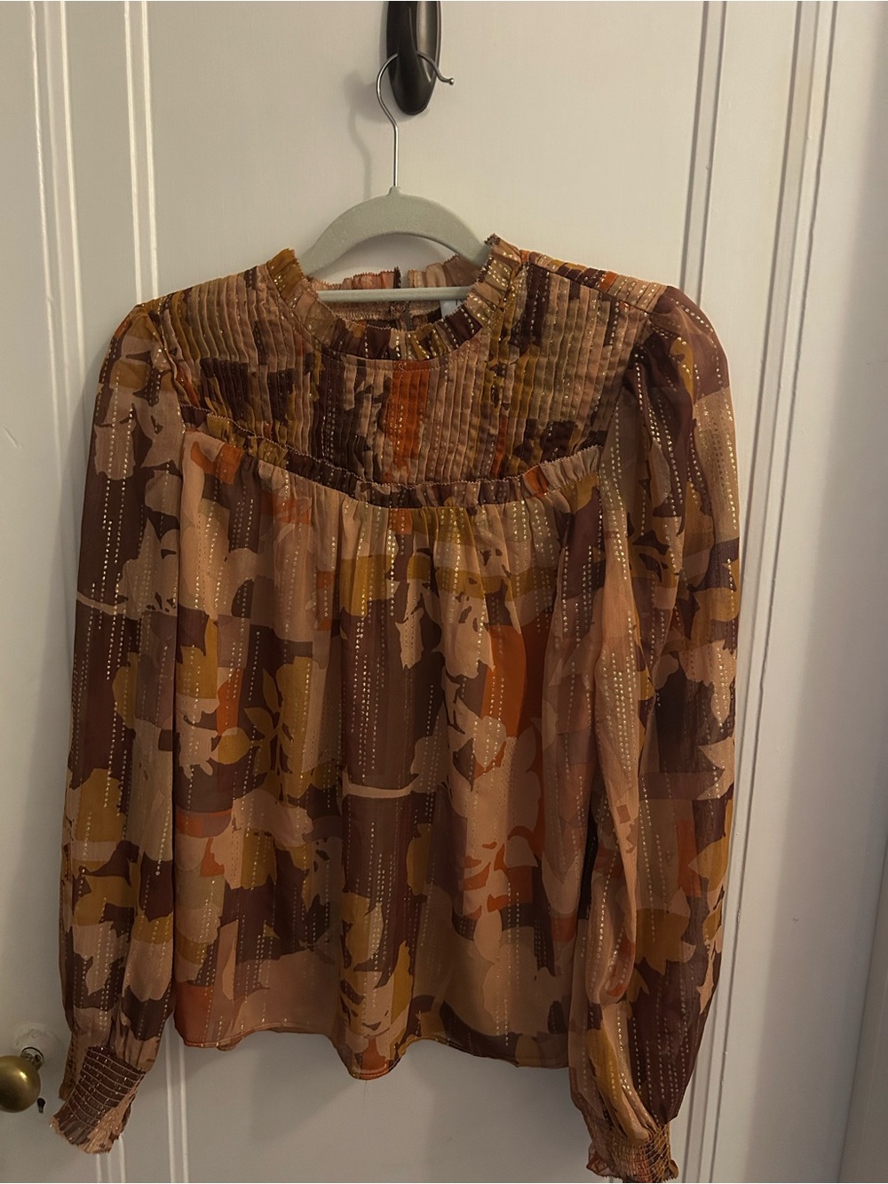 Women's Brown Multi-Print Smocked Yoke Blouse